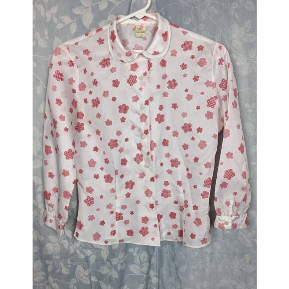Vintage 50's Red Floral And Clover Print Blouse Sz Sm - Picture 1 of 5
